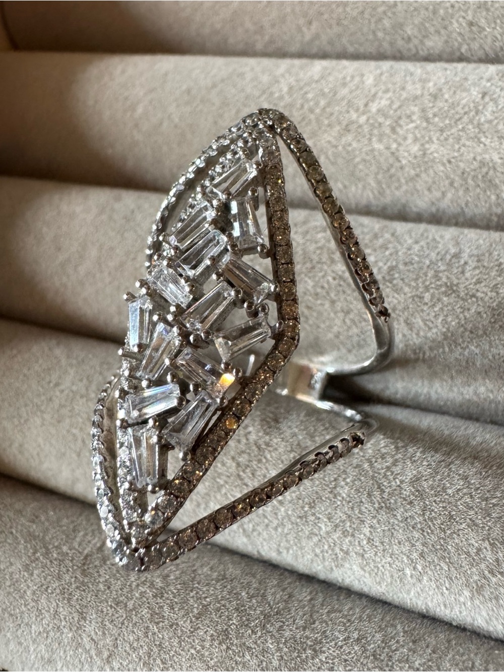 925 Sterling Silver Baguette CZ Navette Statement Ring Size 10